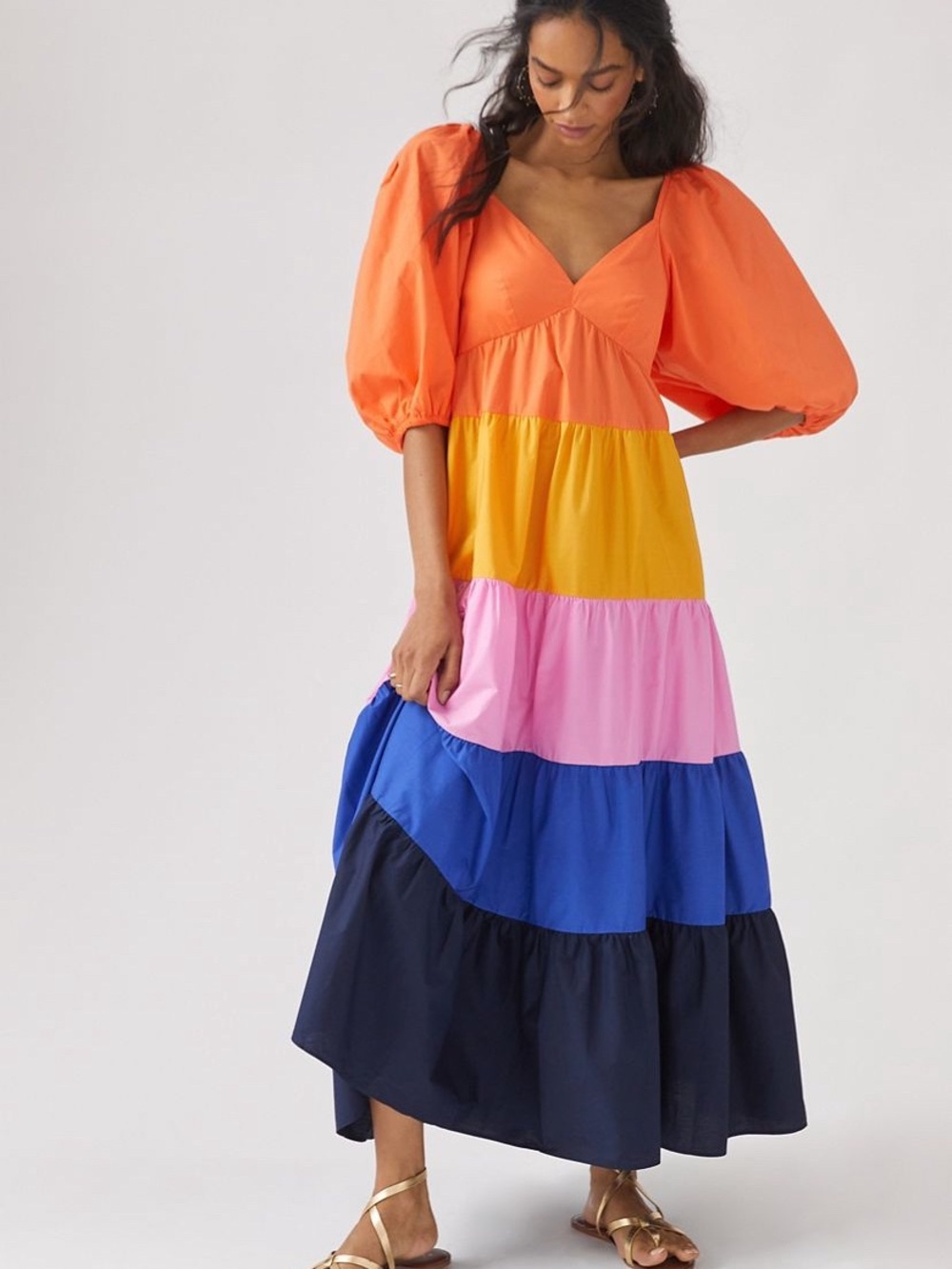 FARM Rio Orange, Yellow, Pink & Blue Tiered Puff-Sleeve Maxi Dress
